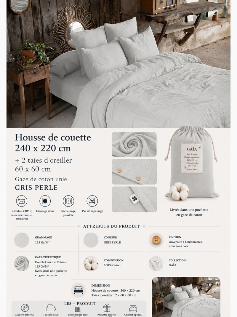 Parure de lit Double gaze de coton GAÏA + 2 taies 60x60 cm Gris clair - Kiabi