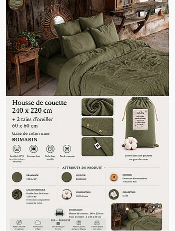 Parure de lit Double gaze de coton GAÏA + 2 taies 60x60 cm