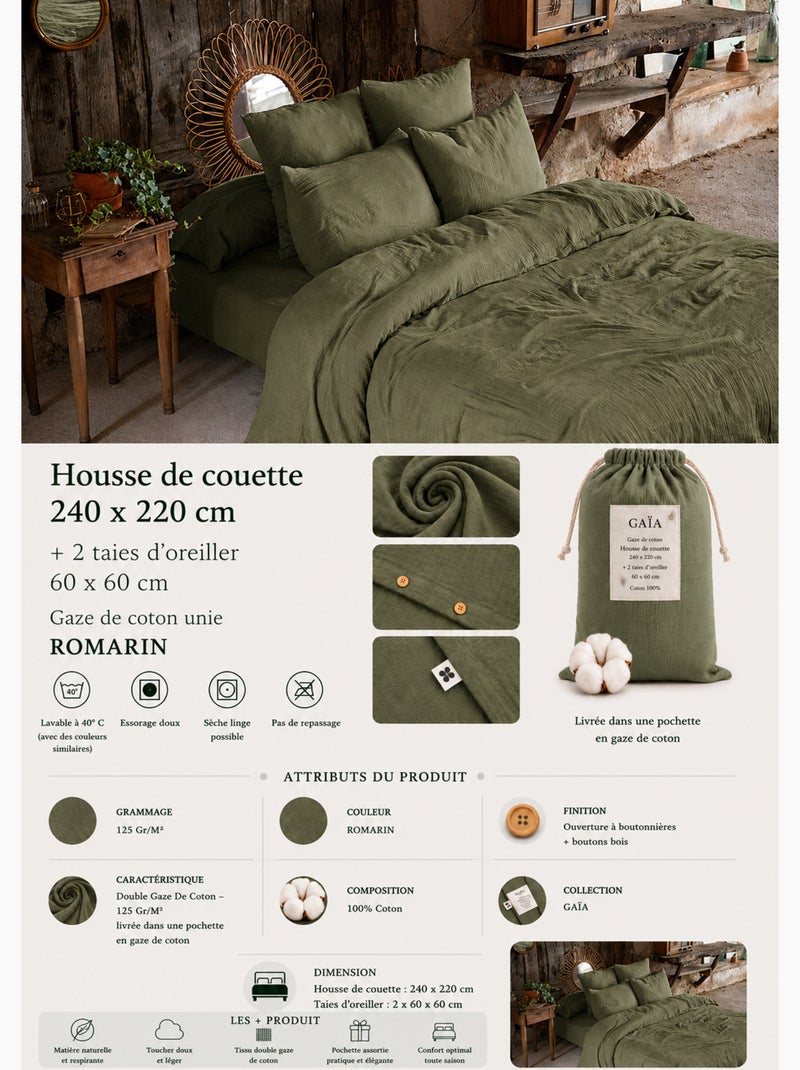 Parure de lit Double gaze de coton GAÏA + 2 taies 60x60 cm Kaki - Kiabi