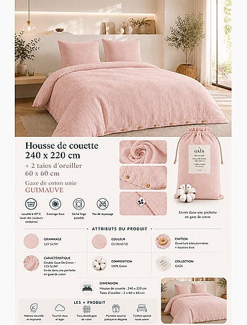 Parure de lit Double gaze de coton GAÏA + 2 taies 60x60 cm