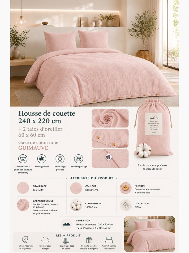 Parure de lit Double gaze de coton GAÏA + 2 taies 60x60 cm Rose poudré - Kiabi