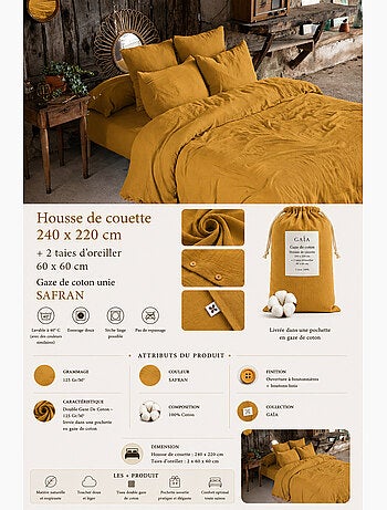 Parure de lit Double gaze de coton GAÏA + 2 taies 60x60 cm