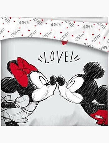 Parure de lit double réversible Disney Mickey et Minnie qui s'embrassent - -Love !- - 220 cm x 240 c