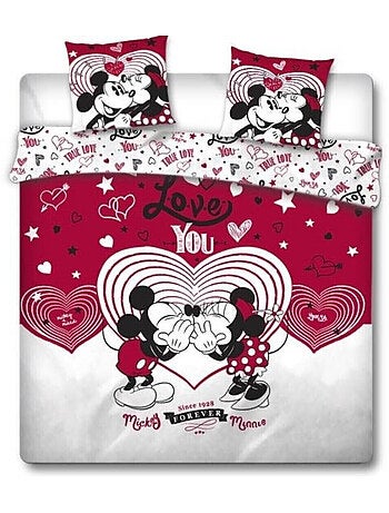 Parure de lit double réversible Disney Mickey et Minnie qui s'embrassent - 220 cm x 240 cm