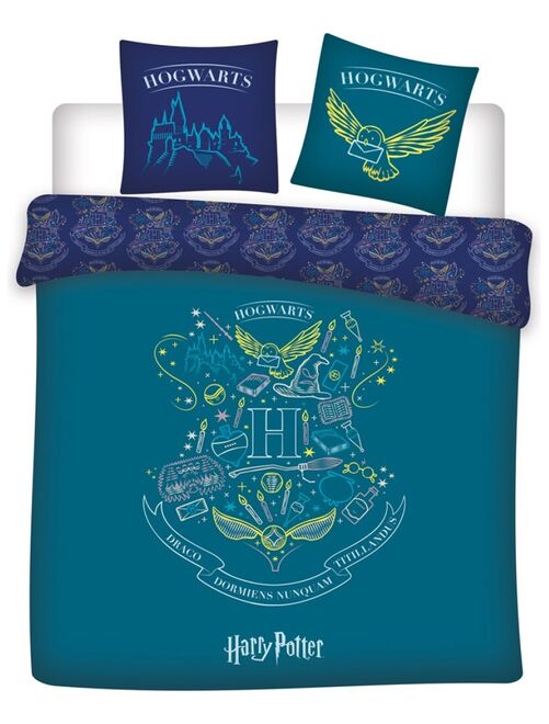 Parure de lit double réversible Harry Potter - Blason "Hogwarts" - Bleue et Vert - 220 cm x 240 cm - Kiabi