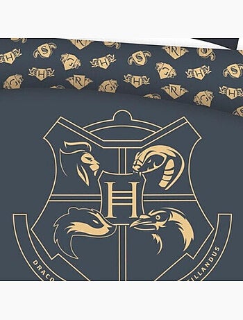 Parure de lit double réversible Harry Potter - Blason Hogwarts - Noir et Doré - 220 cm x 240 cm