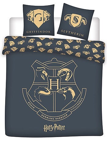Parure de lit double réversible Harry Potter - Blason Hogwarts - Noir et Doré - 220 cm x 240 cm