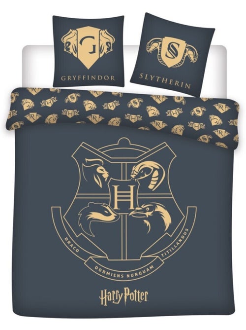 Parure de lit double réversible Harry Potter - Blason Hogwarts - Noir et Doré - 220 cm x 240 cm - Kiabi