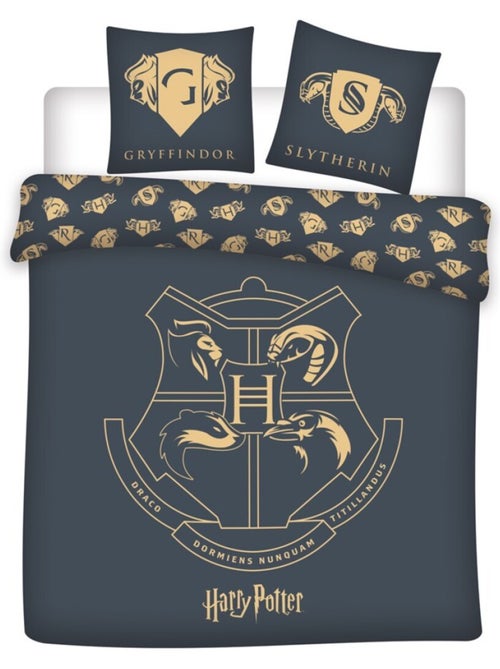 Parure de lit double réversible Harry Potter - Blason Hogwarts - Noir et Doré - 220 cm x 240 cm - Kiabi