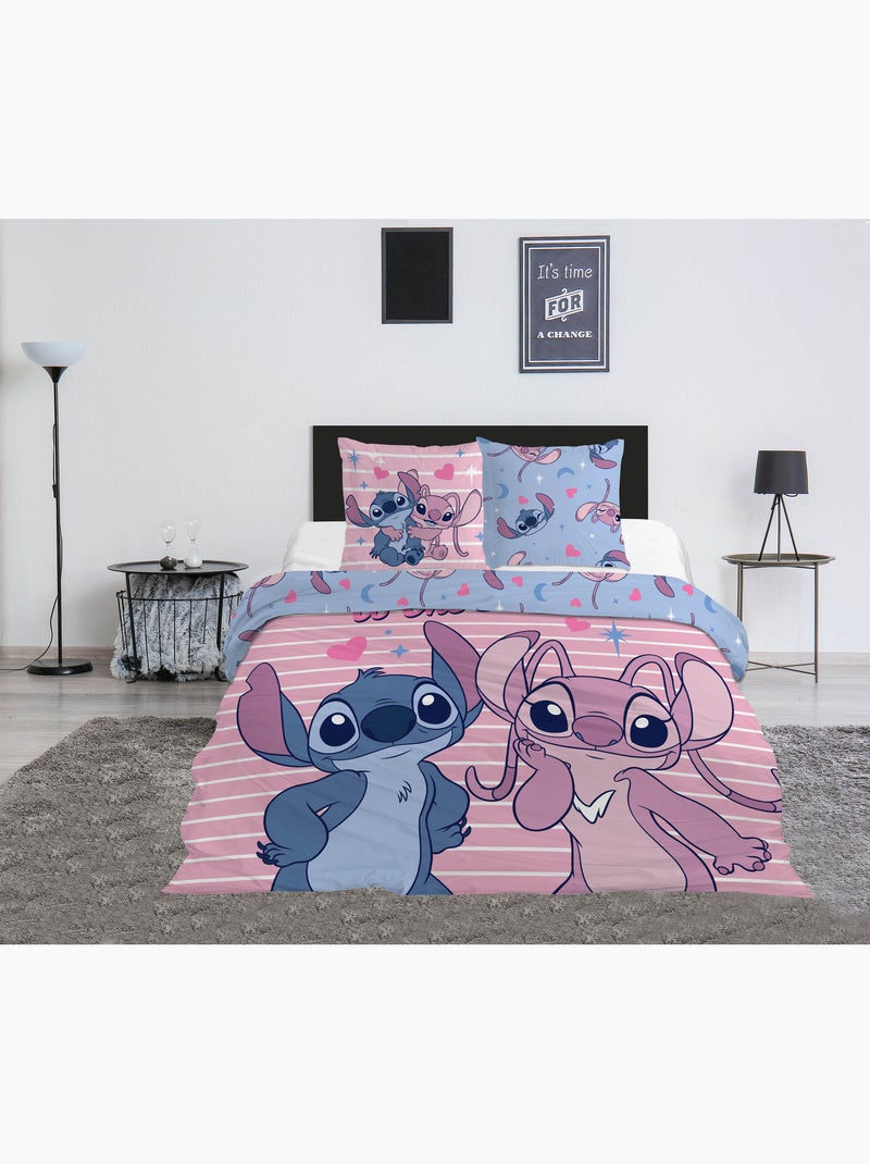 Parure de Lit Double Stitch & Angel  240x220 cm + 2 Taies d'oreiller 65x65 cm polycoton Bleu Rose - Kiabi