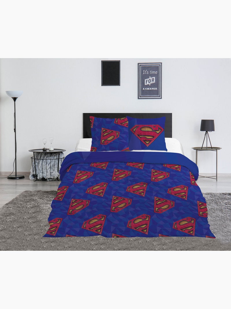 Parure de Lit Double Superman DC Comics 240x220 cm + 2 Taies 65x65 cm Polycoton Réversible | Logo Vi Noir Bleu - Kiabi