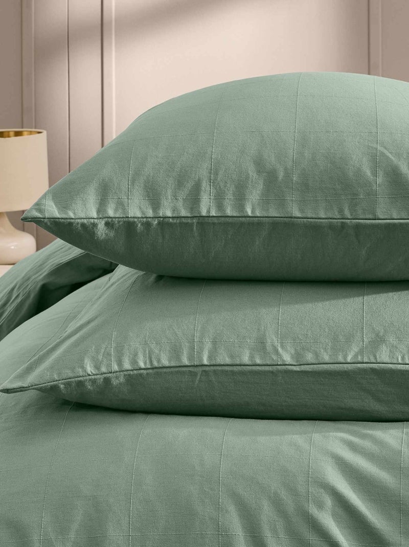Parure de lit en coton lavé motif carreaux jacquard Vert Sauge - Kiabi