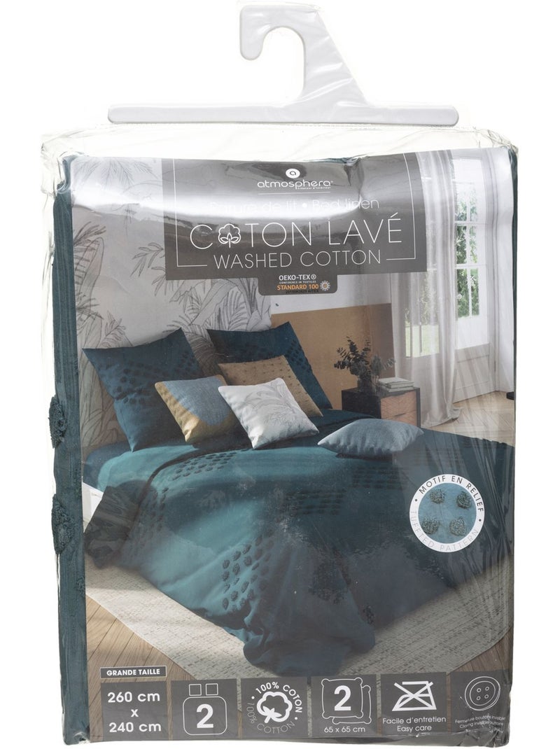 Parure de lit en coton lavé motifs tuftés vilma Bleu canard - Kiabi