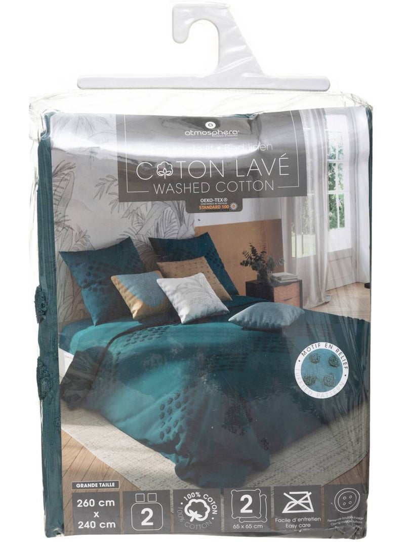 Parure de lit en coton lavé motifs tuftés vilma Bleu canard - Kiabi