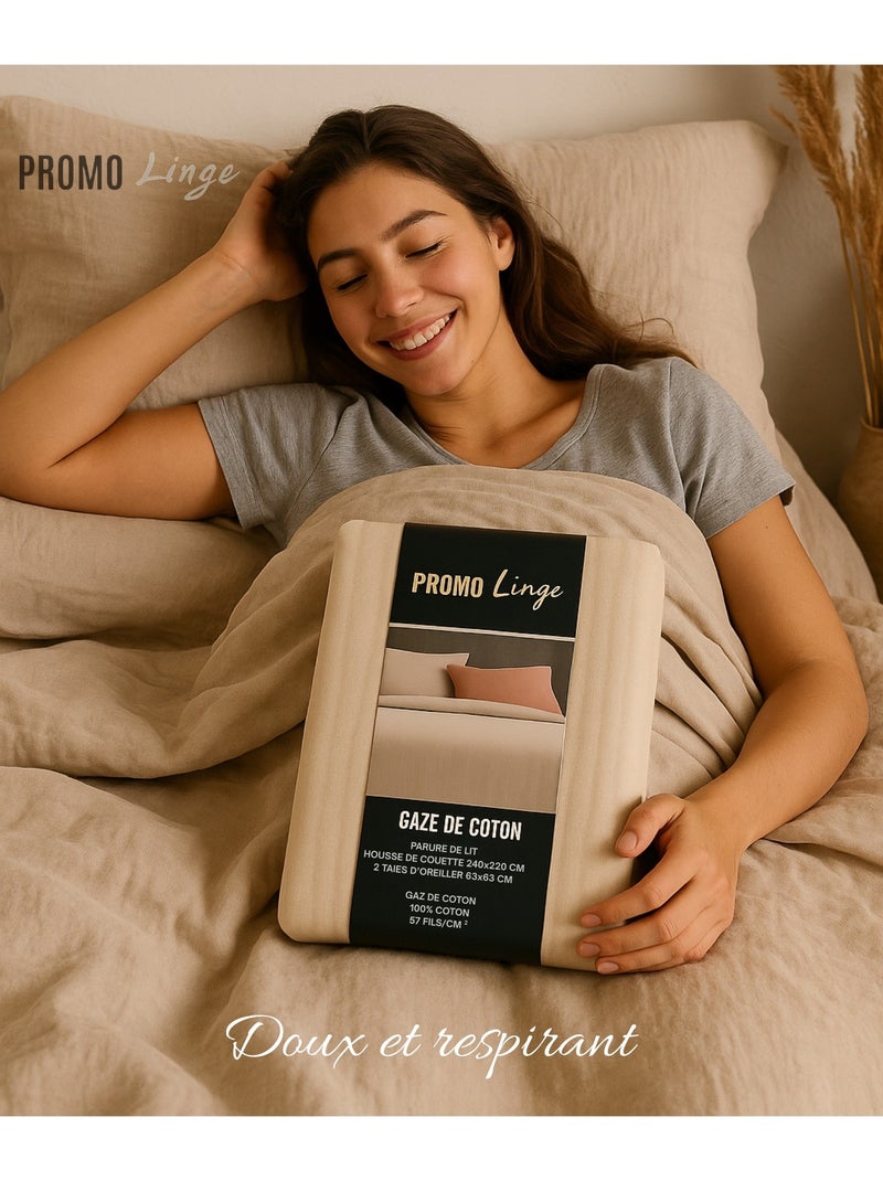 Parure de lit en Gaze de Coton - Promo linge Beige sable - Kiabi