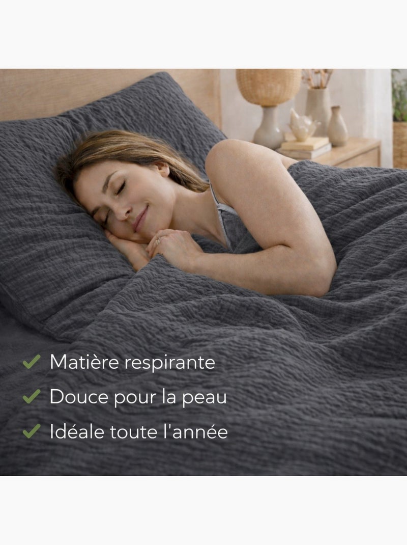 Parure de lit en Gaze de Coton - Promo linge gris anthracite - Kiabi