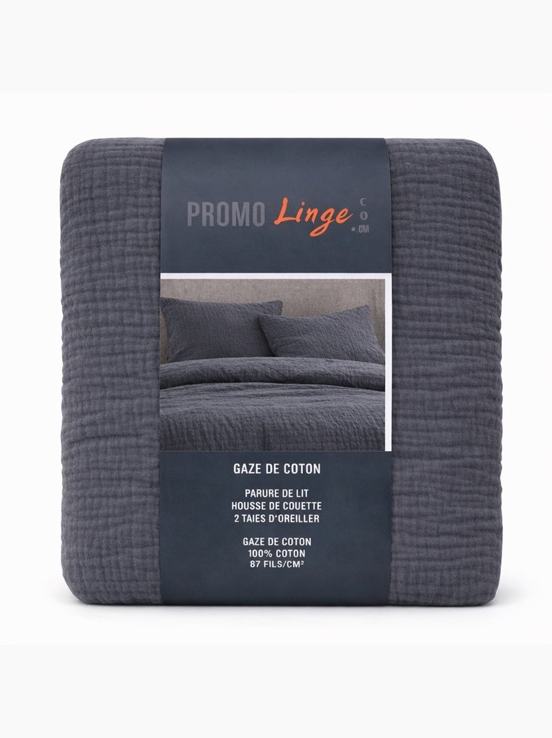 Parure de lit en Gaze de Coton - Promo linge gris anthracite - Kiabi