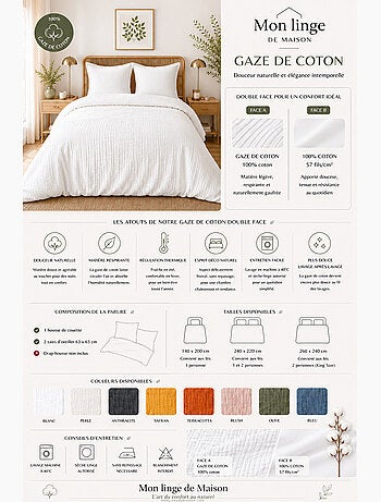 Parure de lit en gaze de coton + 2 taies 65 x 65 cm