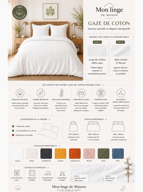 Parure de lit en gaze de coton + 2 taies 65 x 65 cm - Kiabi Parure de lit en gaze de coton + 2 taies 65 x 65 cm - Kiabi