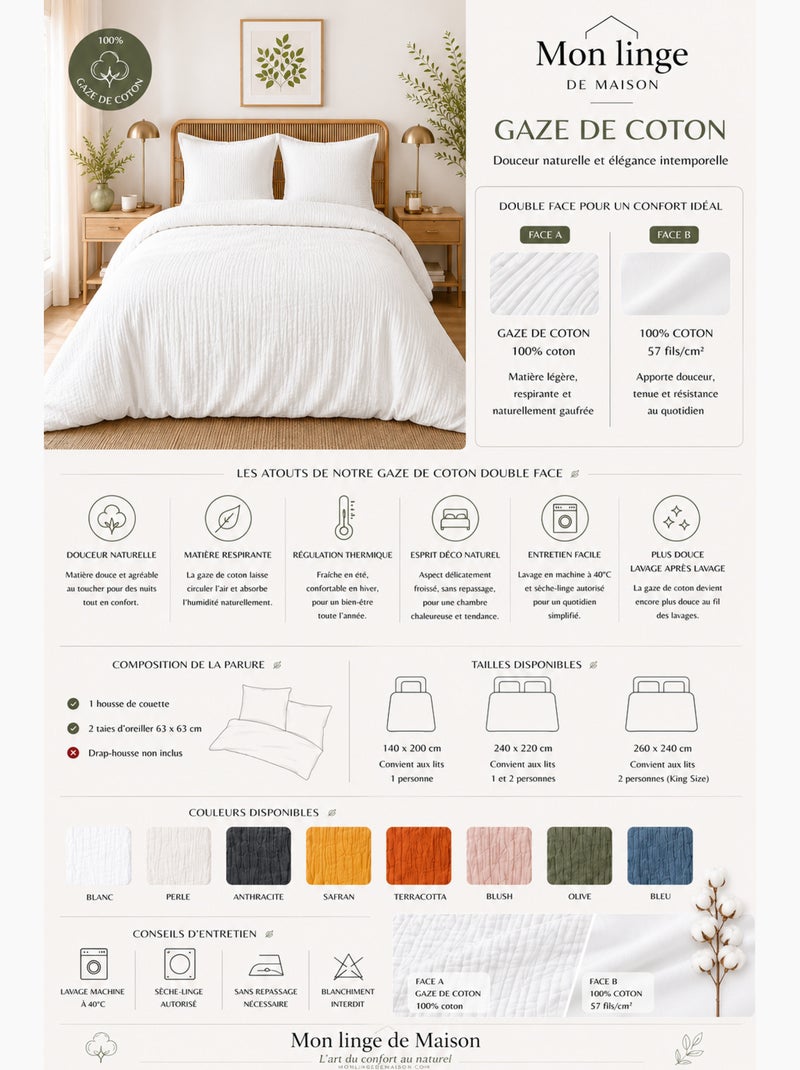 Parure de lit en gaze de coton + 2 taies 65 x 65 cm Blanc - Kiabi