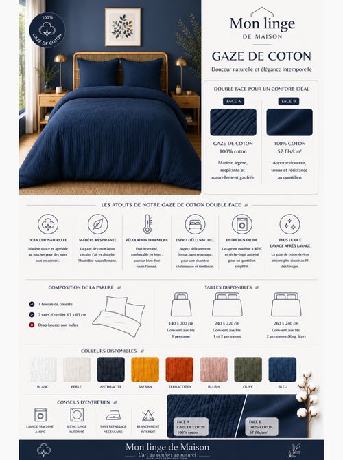 Parure de lit en Gaze de Coton + 2 Taies 65 x 65 cm - Kiabi Parure de lit en Gaze de Coton + 2 Taies 65 x 65 cm - Kiabi