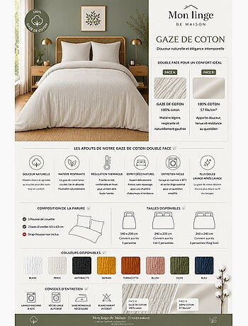 Parure de lit en gaze de coton + 2 taies 65 x 65 cm