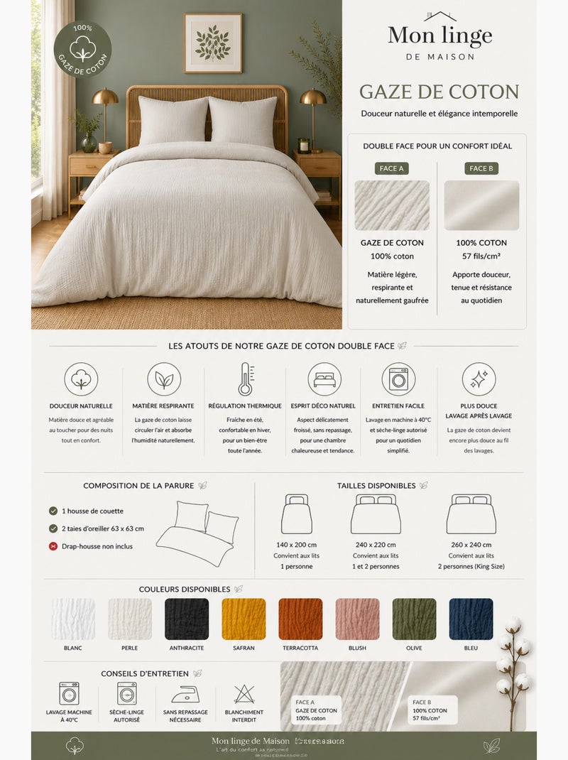 Parure de lit en gaze de coton + 2 taies 65 x 65 cm Gris clair - Kiabi