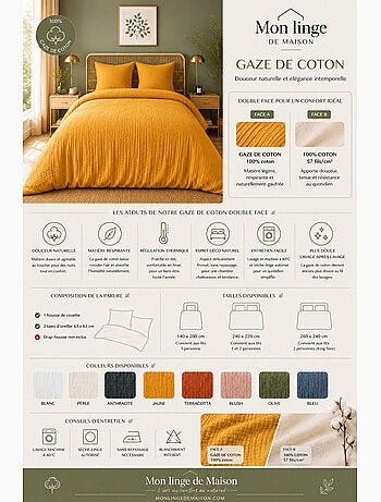 Parure de lit en Gaze de Coton + 2 Taies 65 x 65 cm