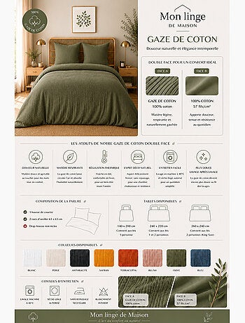 Parure de lit en gaze de coton + 2 taies 65 x 65 cm