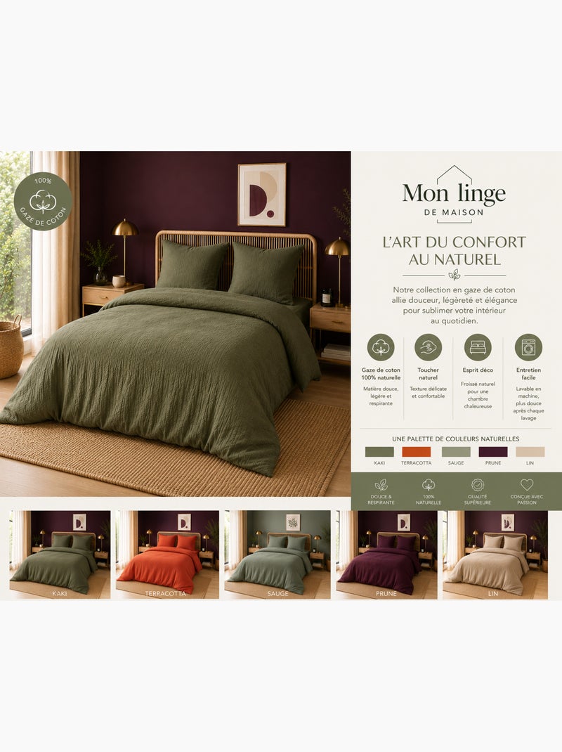Parure de lit en gaze de coton + 2 taies 65 x 65 cm Kaki - Kiabi