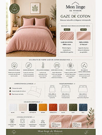 Parure de lit en gaze de coton + 2 taies 65 x 65 cm