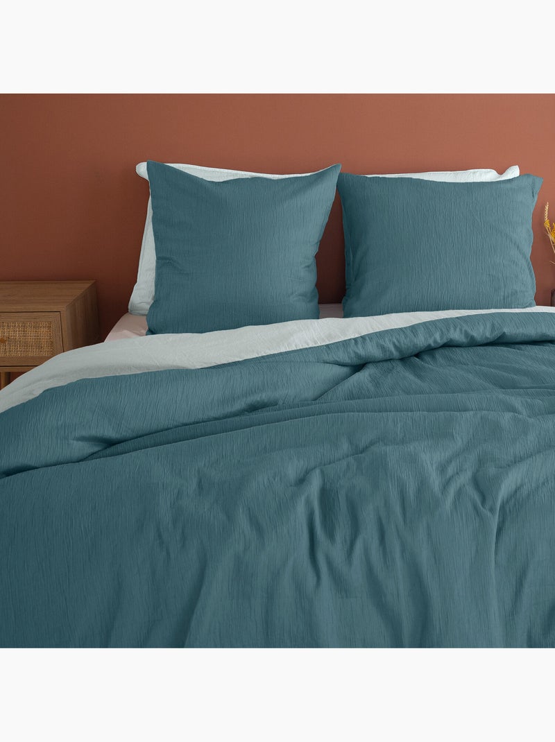 Parure de lit en mirofibre lavée et gaufrée unie, CELESTE Bleu - Kiabi