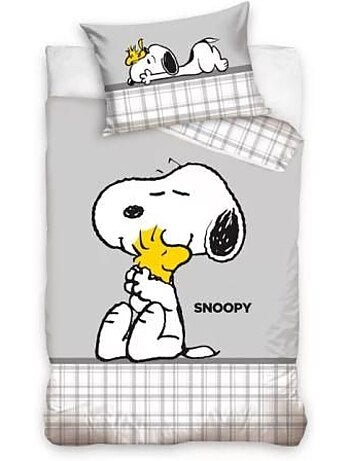 Parure de lit enfant - 100x135 cm réversible grise - snoopy & woodstock