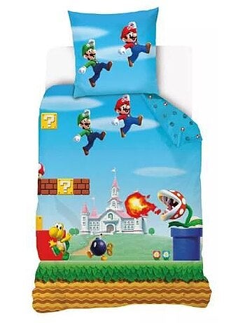 Parure de lit enfant - 140x200 cm réversible coton - super mario & luigi