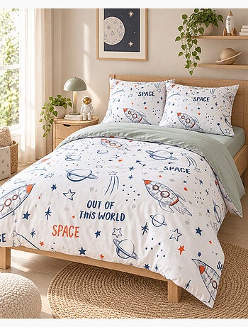 Parure de lit enfant + 1 taie d’oreiller 100% coton imprimé galaxie