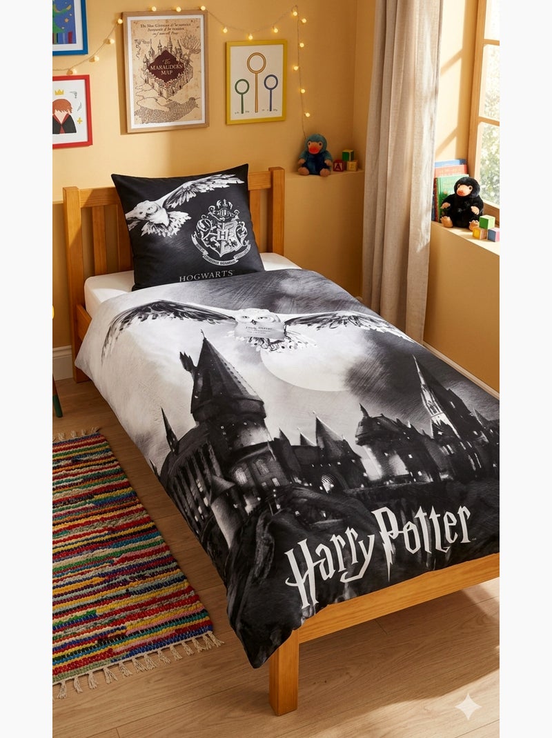 Parure de Lit Enfant, 100% Coton, Harry Potter Réversible Edwige, Lit 1 Place Noir - Kiabi