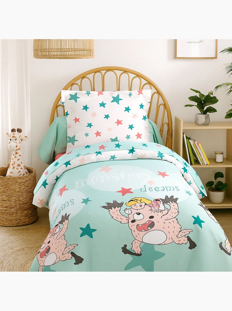 Parure de lit enfant 100% coton imprimées - Monster Dream Bleu - Kiabi