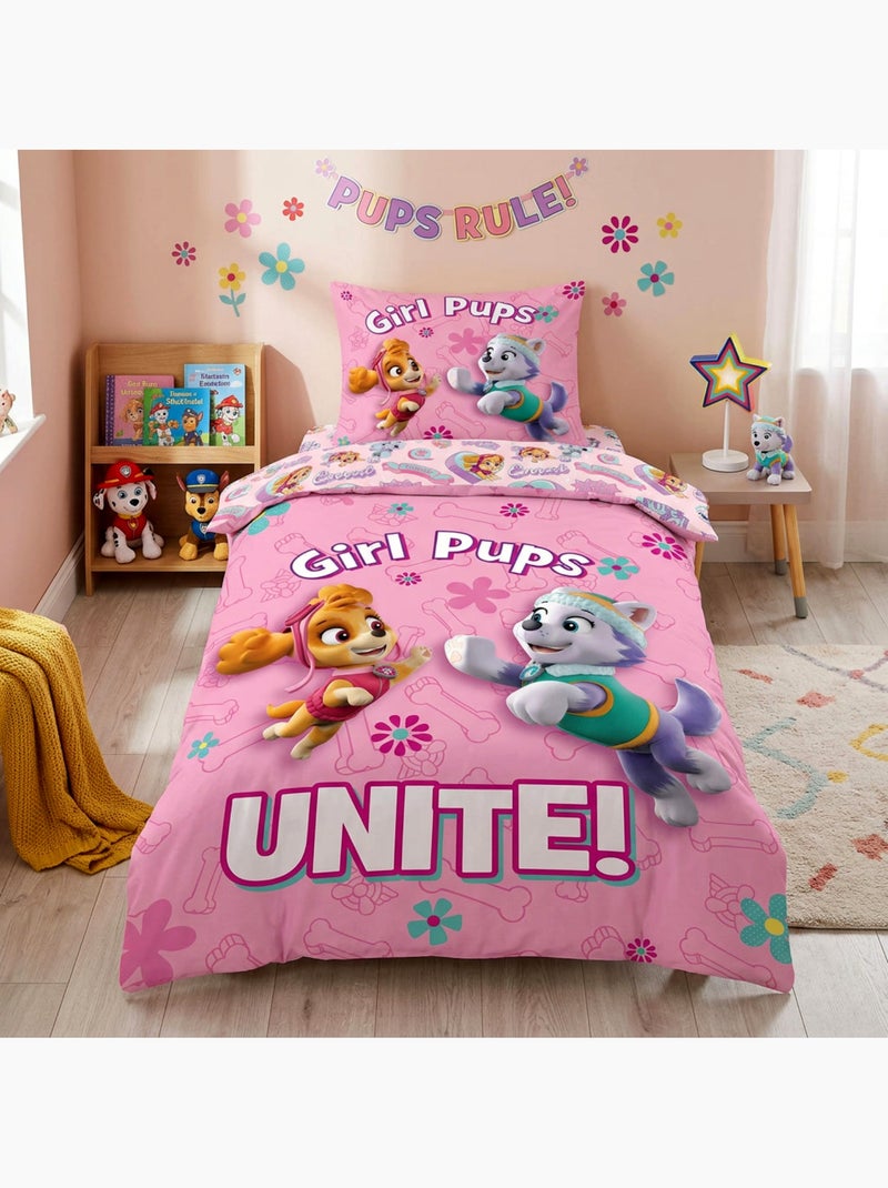 Parure de Lit Enfant, 100% Coton Lit Une Place, Pat' Patrouille Stella et Everest Réversible Rose - Kiabi