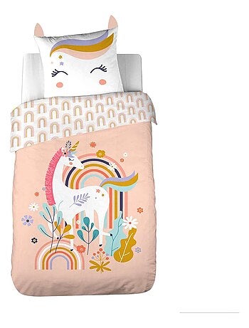 Parure de lit enfant 100% coton motif licorne avec oreilles ludiques