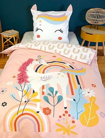 Parure de lit enfant 100% coton motif licorne avec oreilles ludiques