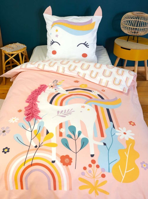 Parure de lit enfant 100% coton motif licorne avec oreilles ludiques - Kiabi