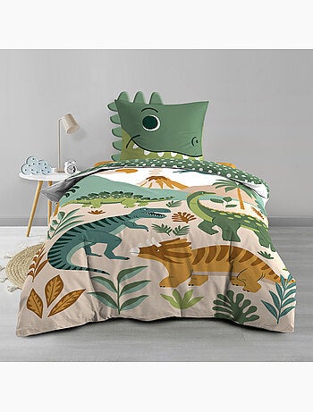 Parure de lit enfant 2 pièces 100 % coton imprimé dinosaures housse + taie