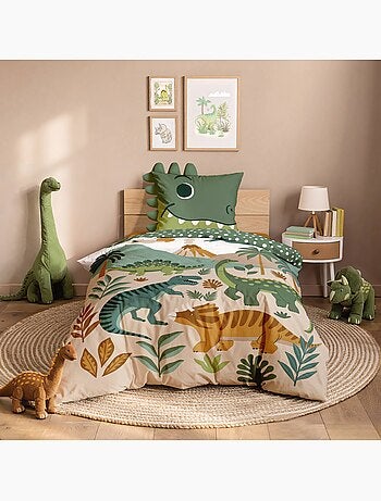Parure de lit enfant 2 pièces 100 % coton imprimé dinosaures housse + taie