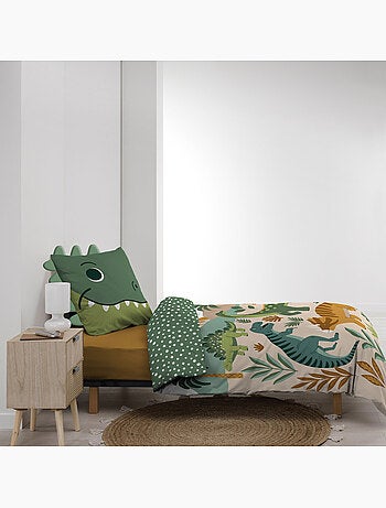 Parure de lit enfant 2 pièces 100 % coton imprimé dinosaures housse + taie