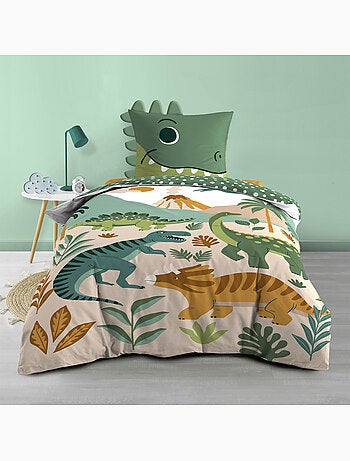 Parure de lit enfant 2 pièces 100 % coton imprimé dinosaures housse + taie