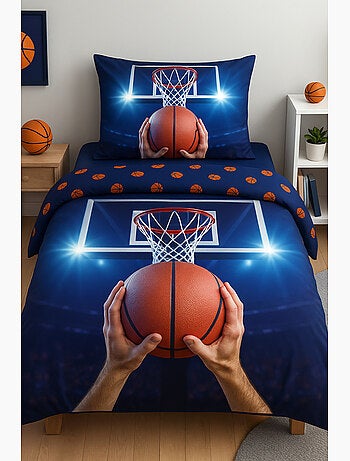 Parure de Lit Enfant Basket Ball, 100% Coton Oeko-Tex, Lit 1 place