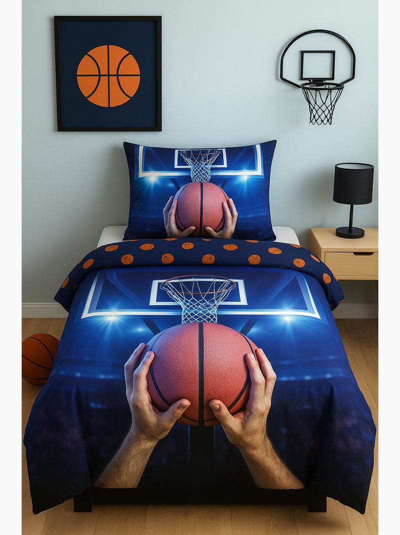Parure de Lit Enfant Basket Ball, 100% Coton Oeko-Tex, Lit 1 place Bleu Bleu - Kiabi