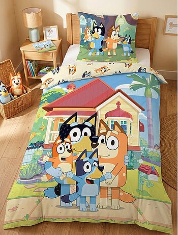 Parure de Lit Enfant Bluey, 100% Coton Oeko-Tex, Lit 1 place, FAMILY