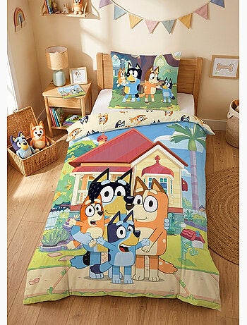 Parure de Lit Enfant Bluey, 100% Coton Oeko-Tex, Lit 1 place, FAMILY