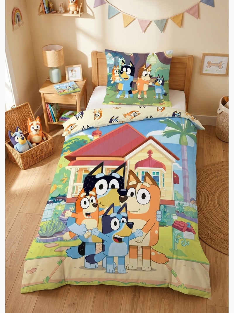 Parure de Lit Enfant Bluey, 100% Coton Oeko-Tex, Lit 1 place, FAMILY Bleu Bleu - Kiabi